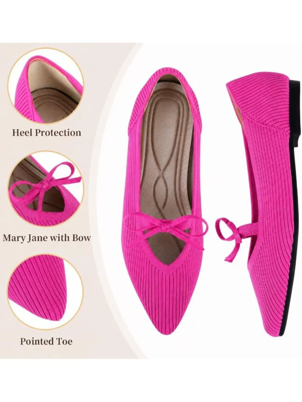 Women's Pink Pointed Toe Flats Comfortable Knit Ballet Shoes Washable Dressy
